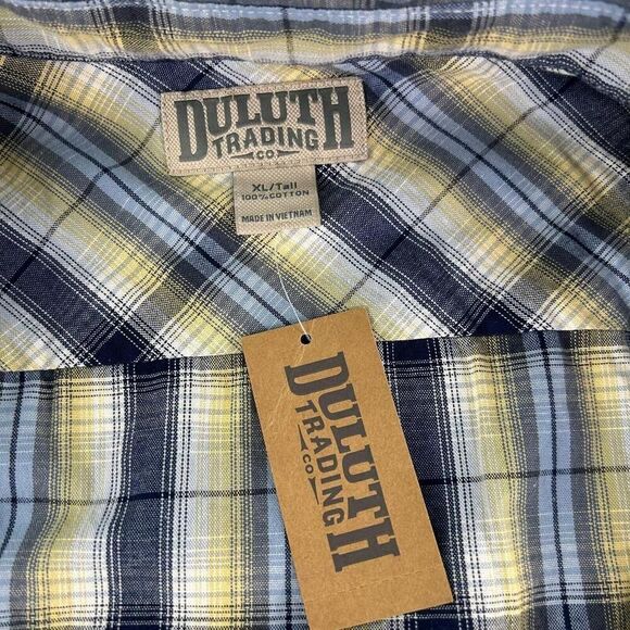 Duluth Trading Co Mens Button Front Shirt Size XL Tall Brown Plaid Short Sleeve - Picture 8 of 9